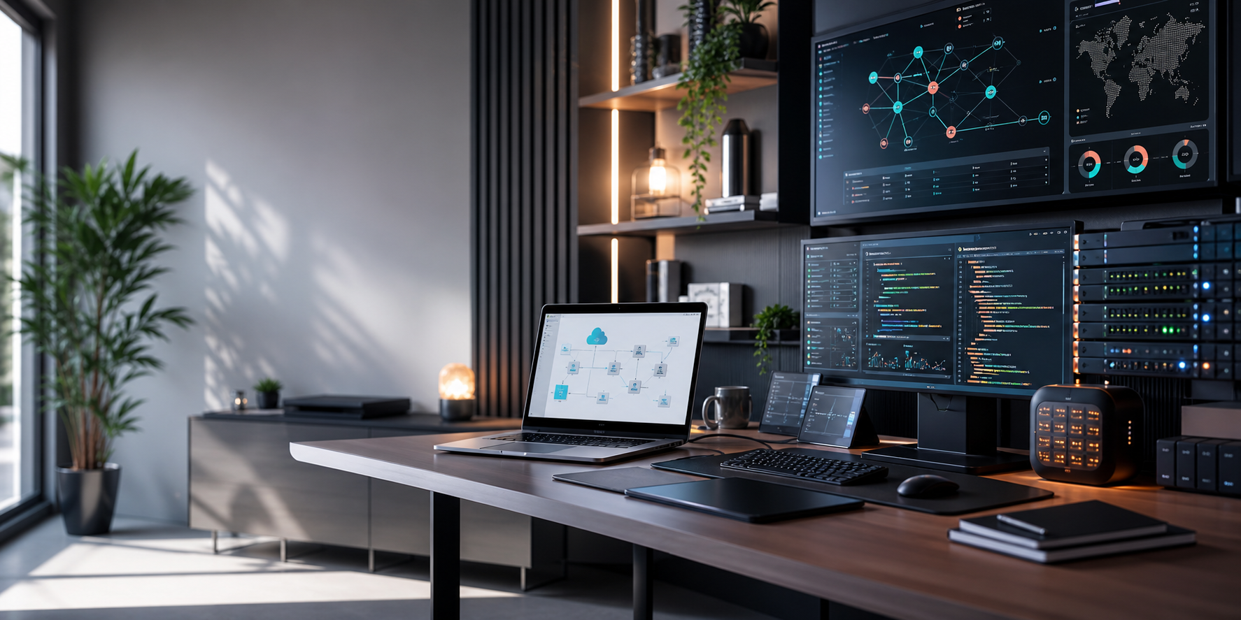 Estudio tecnológico con portátil, paneles de datos y arquitectura cloud